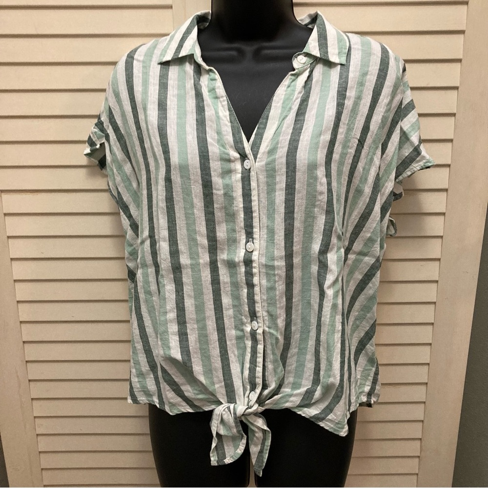 Wonderly green striped linen short sleeve blouse